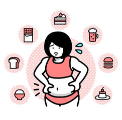 太ってしまった事を気にする女性のイラスト
