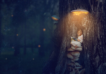 Enchanted forest - little girl sitting under the glowing mushroom, reading her book; Fantasy, nature, fairy tale;