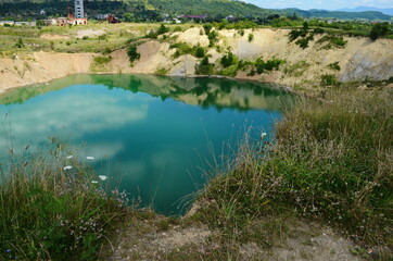lake landscape in summer. beautiful scenery of view and amazing attarction of Solotvyno Lakes, Zakarpattia (Transcarpathian)