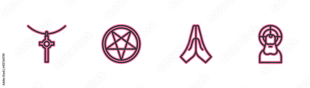 Sticker Set line Christian cross on chain, Hands praying position, Pentagram circle and Jesus icon. Vector.