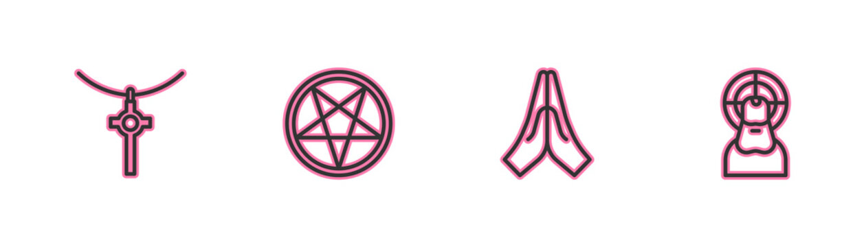 Set line Christian cross on chain, Hands praying position, Pentagram circle and Jesus icon. Vector.