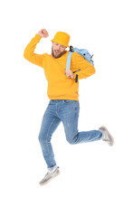 Jumping male student on white background