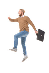 Jumping man with briefcase on white background