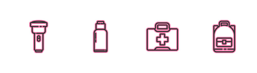 Obraz premium Set line Flashlight, First aid kit, Canteen water bottle and Hiking backpack icon. Vector.