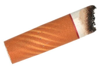 Cigarette butt with ash isolated on white background. goby consumed cigarettes. Stop smoking