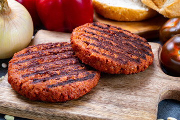Tasty grilled burger made with vegetarian plant based imitation minced meat