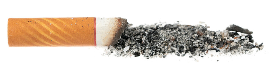 Cigarette butt with ash isolated on white background. goby consumed cigarettes. Stop smoking