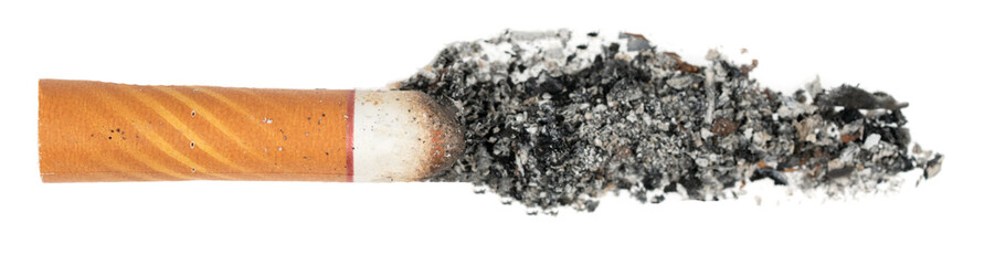 Cigarette butt with ash isolated on white background. goby consumed cigarettes. Stop smoking