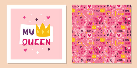 St Valentine's Day greeting card design template. Love, heart, ring, crown. Relationship, emotion, passion. Seamless pattern, texture, background. Packaging design.