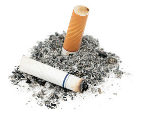Cigarette butt with ash isolated on white background. goby consumed cigarettes. Stop smoking