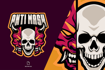 skull and demon mask split mascot logo illustration