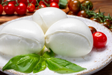 Cheese collection, white balls of soft Italian cheese mozzarella, served with red cherry tomatoes, fresh basil leaves