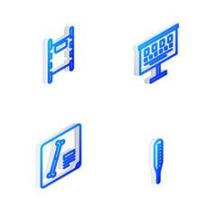 Set Isometric line Eye test chart, Stretcher, X-ray shots and Medical thermometer icon. Vector.