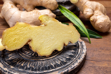 Fresh ginger rhizome root used in traditional medicines and for flavoring meals worldwide.
