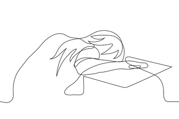 young woman sits at a table face down. one line drawing of a tired female student with long hair fell asleep right at the table.