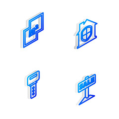 Set Isometric line House under protection, plan, key and Hanging sign with Sale icon. Vector.
