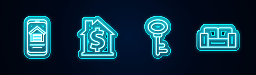 Set line Online real estate house, House with dollar symbol, key and Sofa. Glowing neon icon. Vector.
