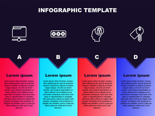 Set line FTP folder, Password protection, Human head with lock and Marked key. Business infographic template. Vector.