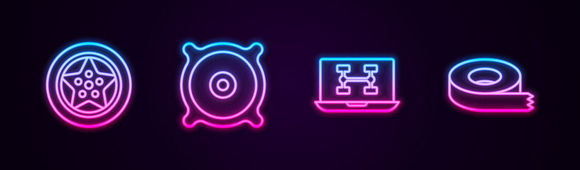 Set line Car wheel, audio speaker, Diagnostics condition of car and Scotch tape. Glowing neon icon. Vector.
