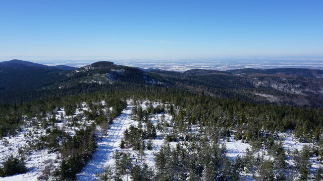 the view from the top of the Friedrichsturm on the Badener Hoehe in the Nordschwarzwald (Northern Black Forest) close to Baden-Baden in the region Baden-Wuerttemberg, Germany, in February