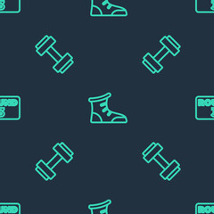 Set line Sport boxing shoes, Dumbbell and Boxing ring board on seamless pattern. Vector.