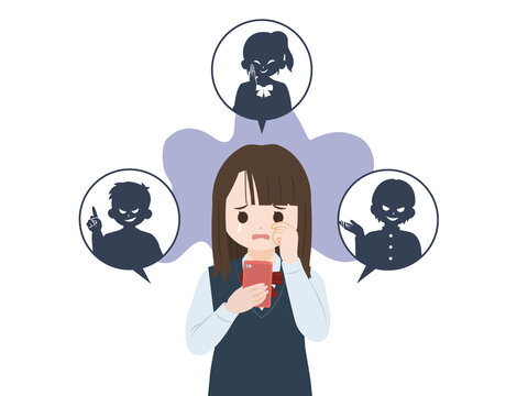 ネットやSNSで誹謗中傷を受ける　中高生　学生　女子生徒　イラスト素材