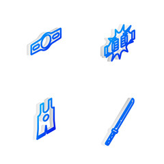 Set Isometric line Punch in boxing gloves, Boxing belt, Wrestling singlet and Japanese katana icon. Vector.
