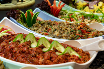 Vegetables on the open buffet.Salad bar.