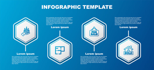 Set line Skyscraper, House plan, Hanging sign with For Sale and text Sold. Business infographic template. Vector.