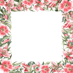 Square background with pink lilies and green leaves around the edges. Great for postcards, invitations, text decoration and more.