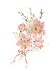 Cute spring bouquet. Watercolor illustration. Delicate flower arrangement for poster or invitation.