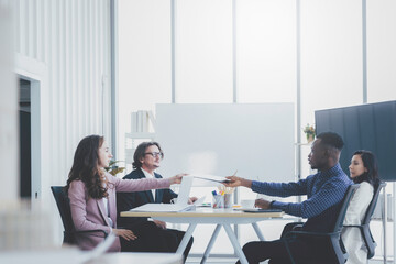 Group of diversity business people working meeting in office, Teamwork brainstorming concept with copy space