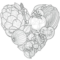 Heart shaped vegetables. Artichoke, tomato, broccoli and onion.Coloring book antistress for children and adults. Illustration isolated on white background.Zen-tangle style. Hand draw
