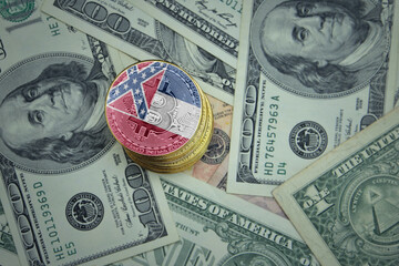 golden shining bitcoins with flag of mississippi state on a dollar money background.