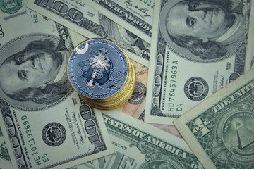golden shining bitcoins with flag of south carolina state on a dollar money background.