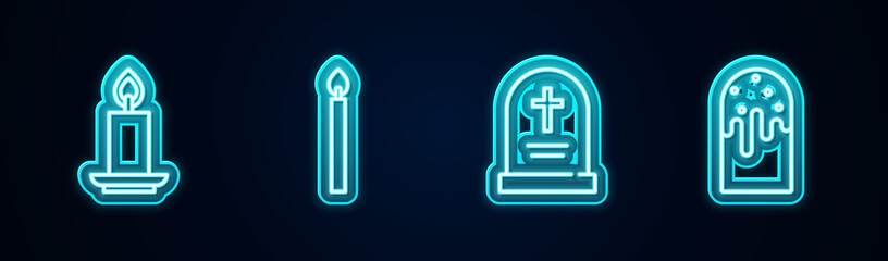 Obraz premium Set line Burning candle, , Tombstone with cross and Easter cake. Glowing neon icon. Vector.