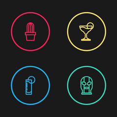Set line Tequila glass with lemon, Mexican wrestler, Margarita cocktail and Cactus or succulent in pot icon. Vector.