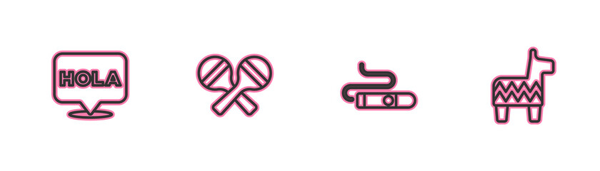 Set line Hola, Cigar, Maracas and Pinata icon. Vector. © vector_v