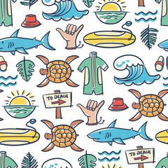 Vector colorful pattern on the theme of summer, surfing, holidays, sea, beach, rest, hobby. Cartoon hand drawn background for use in design