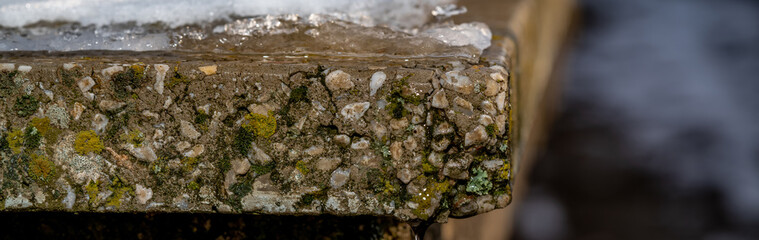 Close up detail of wet stone. Blurred background. Panoramic macro photography view. High quality image. Panorama banner.