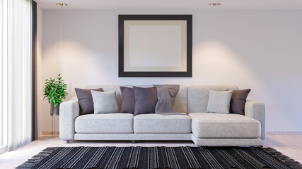 Minimal living room with sofa. 3D render interior.