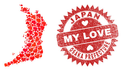 Vector mosaic Osaka Prefecture map of lovely heart elements and grunge My Love seal stamp. Mosaic geographic Osaka Prefecture map created with love hearts.
