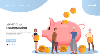 People and a big piggy bank.The concept of saving and accumulating money.Financial and banking services.Flat vector illustration isolated on a white background.The landing page template.