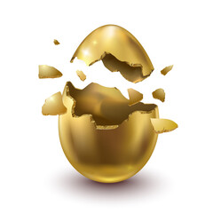 Golden egg, child's surprise for Easter and holidays, broken. Success symbol.