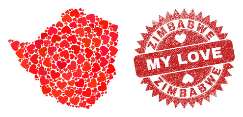 Vector collage Zimbabwe map of love heart items and grunge My Love stamp. Collage geographic Zimbabwe map created with love hearts. Red rosette badge with unclean rubber texture and my love word.