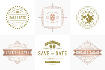 Wedding invitations save the date logos and badges vector elegant templates set