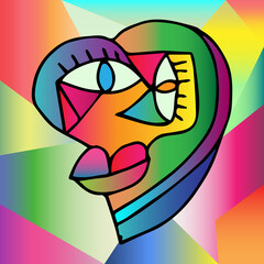 Abstract design of surreal face portrait. Hand drawn face with a hint of cubism in funky colors. Concept art can be used for fashion, beauty treatment, health, and mental wellbeing.