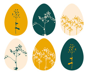 Easter eggs with a natural pattern - colored chicken eggs with floral ornaments isolated on white - set of decorative elements for festive design