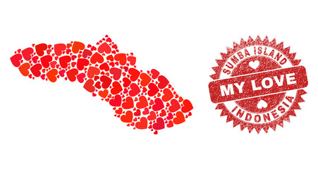 Vector collage Sumba Island map of lovely heart items and grunge My Love stamp. Mosaic geographic Sumba Island map created with lovely hearts.