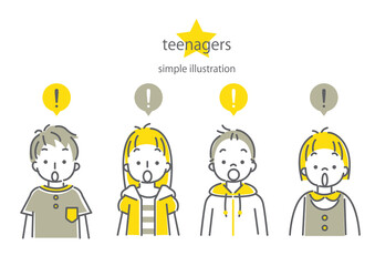 シンプルでおしゃれな線画の10代の子供たち4人の表情別イラスト素材セット　ひらめき